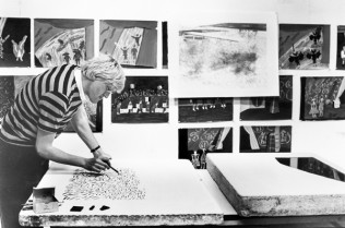 Hockney drawing on a lithographic stone for one of the 'Lithograph of Water' series. Tyler Workshop Ltd. artist's studio, Bedford Village, New York, 1980. National Gallery of Australia, Canberra, gift of Kenneth Tyler 2001.