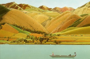 Winifred Knights, Edge of Abruzzi; boat with three people on a lake, 1924-30, Oil on canvas, 68.5 x 68.5 cm, Private Collection. © The Estate of Winifred Knights